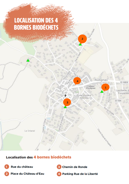 Plan des localisations des quatre bornes de biodéchets